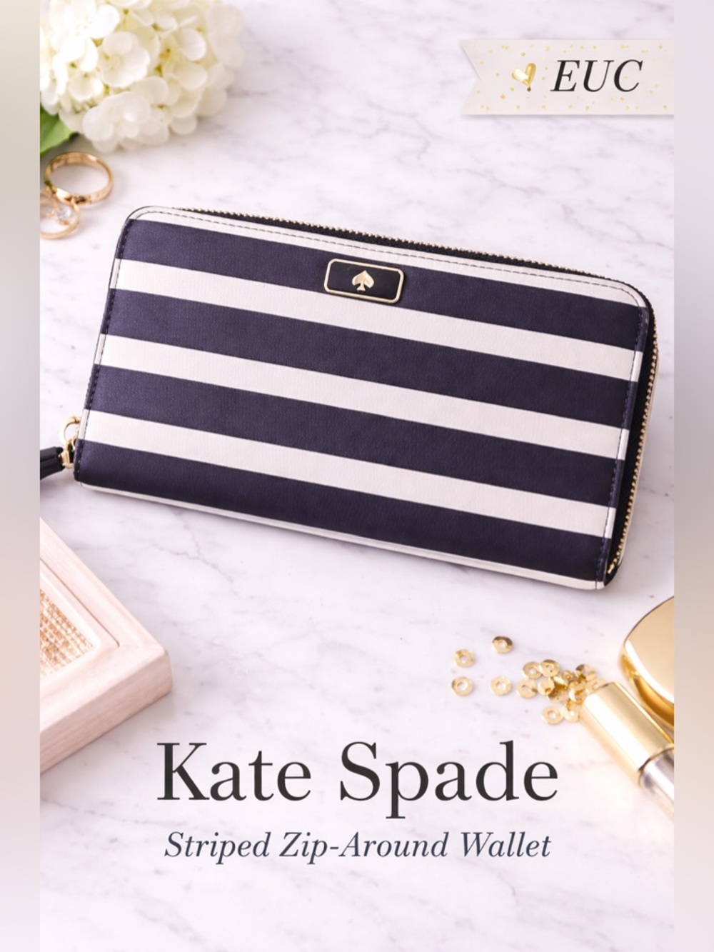 Kate Spade Black White Stripe Zip Around Wallet Large Organizer Preppy Chic